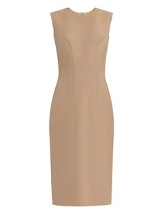 Krew High Quality Tan Sheath Dress – Caeli Couture Formal Sleeveless Sheath Dress With Flattering Silhouette, Classic Sleeveless Midi Dress With Flattering Silhouette, Elegant Midi Dress With Straight Neckline And Lining, Elegant Midi Dress With Lined Straight Neckline, Elegant Midi Dress With Straight Neckline, Classic Midi Dress With Straight Neckline, Classic Sleeveless Bodycon Midi Dress, Elegant Sleeveless Dress With Straight Neckline For Formal Occasions, Classic Fitted Sleeveless Midi Dress