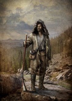 a painting of a man with long hair holding a shovel and standing on a rock