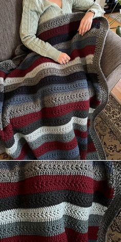 a woman sitting on a couch under a blanket in the shape of a striped afghan