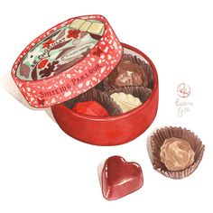 a painting of some chocolates in a red box and two heart shaped candies