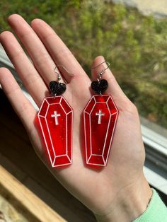 Red Coffin, Coffin Earrings, Coffin Shape, Glitter Acrylic, Glitter Acrylics, Black Heart, Spooky Season, Accessories Earrings, Accessories Shop