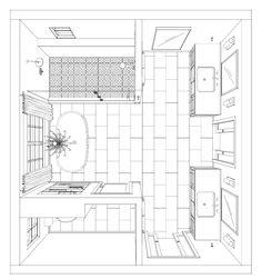 a drawing of a bathroom with sink, toilet and shower