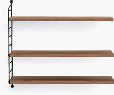 three wooden shelves with black metal wheels on each shelf and one is empty, the other has