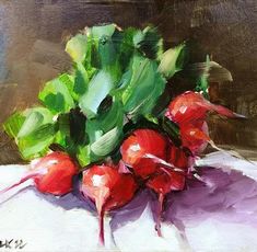 a painting of radishes on a white cloth