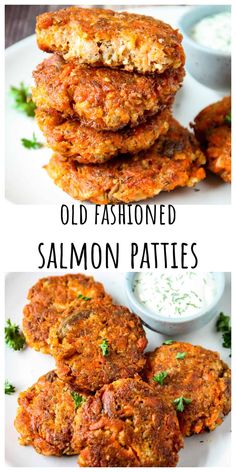 salmon patties are stacked on top of each other with ranch dressing in the background