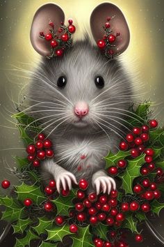 a painting of a mouse with holly and berries on it's head, surrounded by red berries