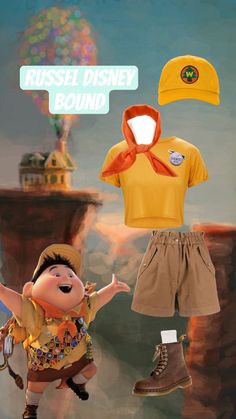 an image of a child's clothing and hat with the words russell disney bound on it