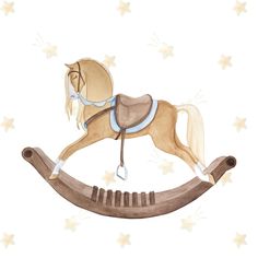 a watercolor drawing of a rocking horse with stars on the wall in the background