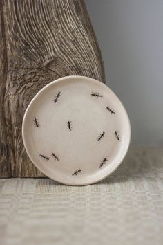 a white plate sitting on top of a table next to a wooden sculpture with black bugs