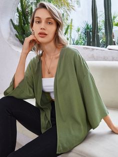 Army Green   Three Quarter Length Sleeve Viscose Plain  Embellished Non-Stretch Spring/Fall Women Beachwear Green Kimono Outfit, Plain Kimono, Transparent Outfit, Short Sleeve Kimono, Kimono Blouse, Eid Outfit