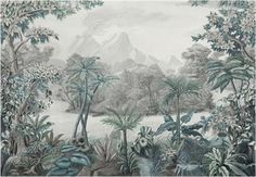 an image of a jungle scene with mountains in the background and trees on the ground