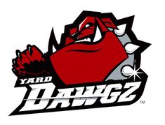 the yard dawgz logo is shown in red and black with an angry face