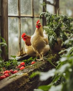 two chickens are standing in the window sill next to some tomatoes and other plants