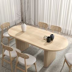 a large wooden table with white chairs and a vase on the top in front of it