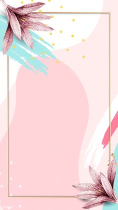 a pink and blue floral background with a gold frame on the left hand side,