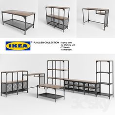 four different types of tables and shelves with the ikea logo on one side,