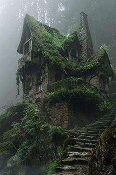 an old stone house covered in green plants and ivys on a foggy day