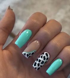 Turquoise Acrylic Nail Designs, Blue Cow Print Nails Acrylic, Cow Print Nails With Blue, Cow Print Nails With Teal, Teal Nail Designs Turquoise, Dark Blue Cow Print Nails, Teal Nail Ideas, Turquoise Nails Western Cow Print