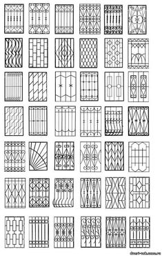 many different types of iron grills and gates, all drawn in black ink on white paper