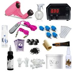 the contents of a hair dryer and other items are shown on a white background