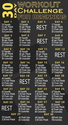 the workout schedule for beginners is shown in black and yellow, with an orange stripe