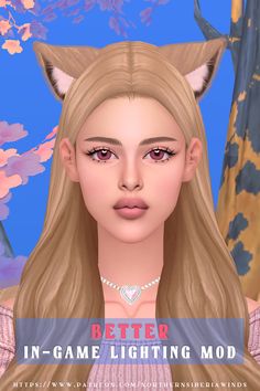 a girl with long blonde hair wearing a cat earring and pink dress is looking at the camera