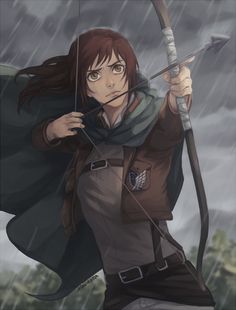 an anime character holding a bow and arrow with rain falling down on the ground behind her