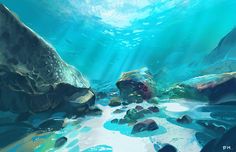 an underwater scene with rocks and water