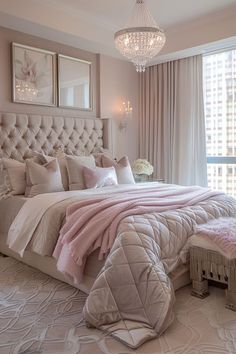 a bedroom with a chandelier hanging from the ceiling next to a large bed