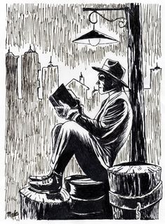 a black and white drawing of a man sitting on a barrel next to a tree