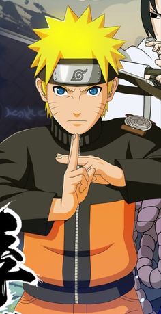 naruto pointing to the side while wearing an orange and black outfit with blue eyes