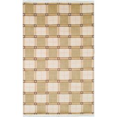 a beige rug with brown and tan squares on the bottom, in front of a white background