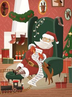 a painting of santa claus sitting in a chair with his feet on the floor and holding a paper