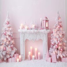 pink and white christmas decorations in front of a fireplace with lit candles on the mantle