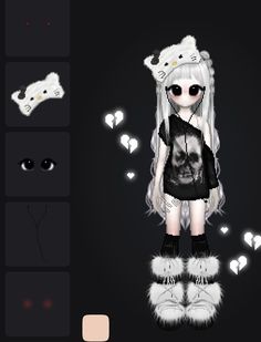 an animated girl with white hair and black eyes standing in front of some other items