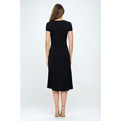 This midi faux-wrap dress has a faux-wrap bodice and ruching detail on the side waist. It hits right below the knee and is a great versatile dress that you can wear with sneakers or heels depending on the occation. Made in USA. Machine washable. Fitted A-line Wrap Dress With Tie Waist, Ruched Midi Dress With Fitted Waist, Fitted Ruched Wrap Dress Midi Length, Fitted Ruched Midi Wrap Dress, Fitted Ruched Wrap Midi Dress, Knee-length Midi Dress With Gathered Waist, Chic Fitted Wrap Dress With Surplice Neckline, Fitted Ruched Midi Dress For Work, Fitted Faux Wrap Dresses For Fall