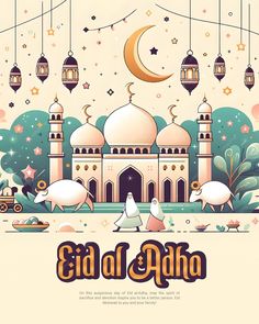 the eid al adha greeting card is decorated with arabic lanterns and sheeps