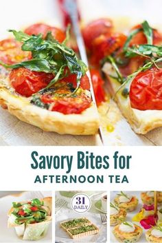 the cover of savory bites for afternoon tea is shown with images of food