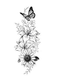 a black and white drawing of flowers with a butterfly on top