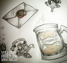 a drawing of an envelope, beer mug and other items