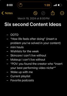 an iphone screen with the text'six second content ideas'in black and white