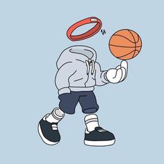 a drawing of a person playing basketball with an orange ring on his finger and wearing a gray hoodie