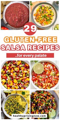 several different salsas with text overlay that reads 29 gluten free salsa recipes for every palate