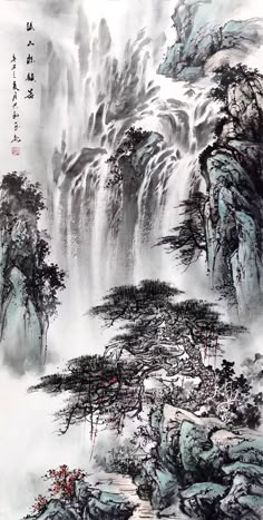 Chinese art, nature and landscape paintings fine art reproductions, vintage antique art prints, posters and home decor. Chinese landscape painting with waterfallin mountains. FINE ART PRINT, high quality reproduction of the vintage antique watercolor chinese painting. All fine art prints produced on large wide-format printer, using archival pigment inks, providing the vibrant colors and ultimate image quality. Materials: acid free heavyweight fine art paper, archival pigment inks. The fine art p Kaligrafi China, Stary Papier, Art Chinois, Ink Wash Painting, Chinese Landscape Painting, Chinese Art Painting, Japanese Art Prints, Chinese Landscape, Japon Illustration