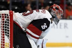 a hockey goalie looking down at the net