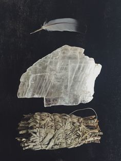 three different types of sticks and feathers on a black surface with a feather quill in the middle