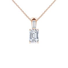 This 18k rose gold pendant features an emerald-cut diamond, secured in a prong setting. The bar-set baguette diamond on the bale adds a unique touch to this pendant. Diamond Pendants, Rose Gold Pendant, Yellow Gold Pendants, Emerald Cut Diamonds, Bar Set, Baguette Diamond, 18k Rose Gold, Emerald Cut, Diamond Pendant