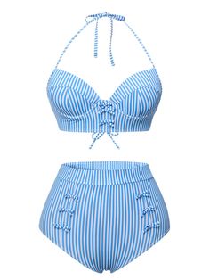 Kpop Swimsuit, Retro Blue Lined Swimwear, Vintage Blue Swimwear For Summer, Fitted Retro Blue Swimwear, Blue Fitted Retro Swimwear, Retro Fitted Blue Swimwear, Vintage Blue Swimwear For The Beach, Vintage Swimwear 1950s, 1950s Bathing Suits