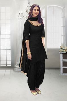 Party Wear Black Poly Cotton Slit Salwar Suit - 71324B पटियाला सलवार, Punjabi Dress Design, Patiala Dress, डिजाइनर कपड़े, Patiala Suit Designs, Patiyala Dress, Patiyala Suit, Salwar Suits Party Wear, Punjabi Salwar