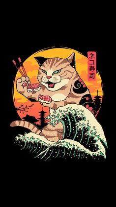 a cat that is holding chopsticks in its mouth while sitting on top of a wave